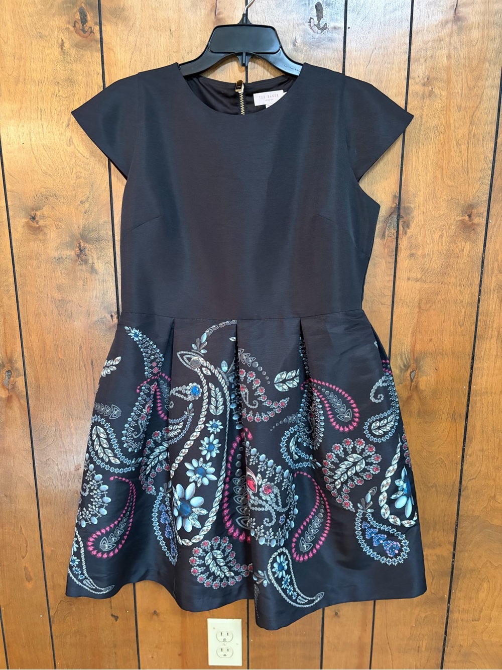 Ted Baker Black Fit-and-Flare Dress with Blue and Pink Paisley